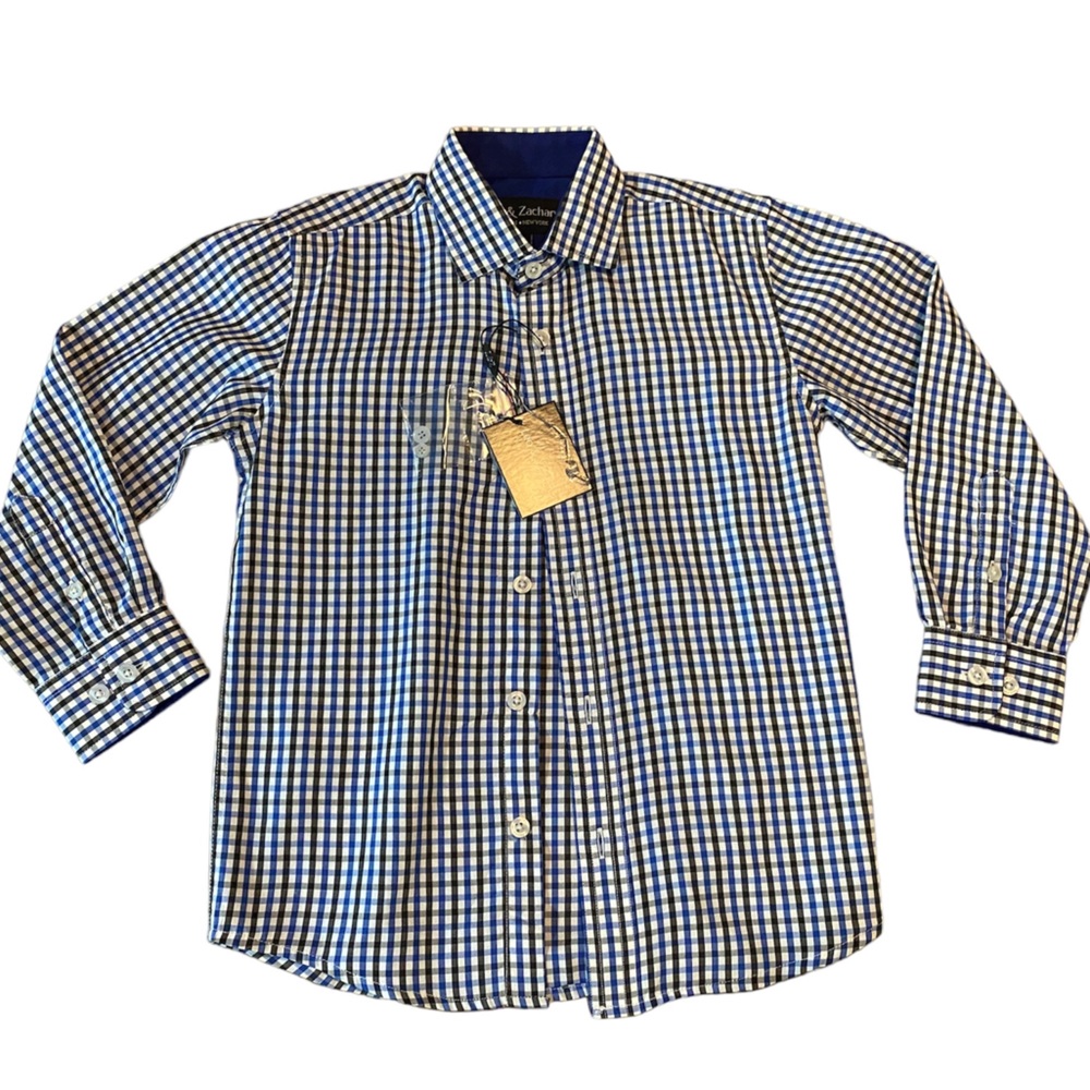 Boys size 6 button up shirt with blue, black, and white stripes